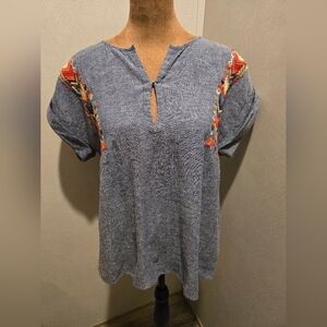 THML Denim Blue Blouse with Colorful Embroidery